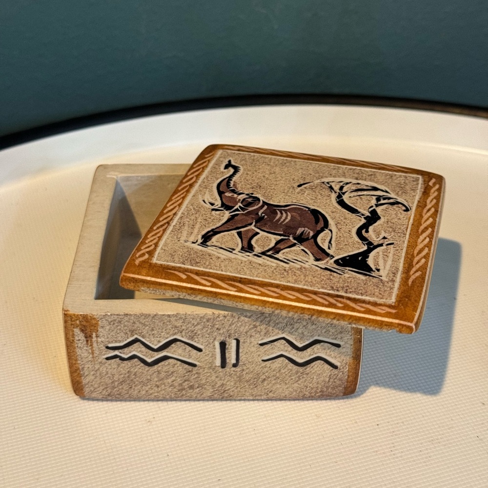 Elephant Trunk up Carved Soapstone Stone Trinket Box, 3” square